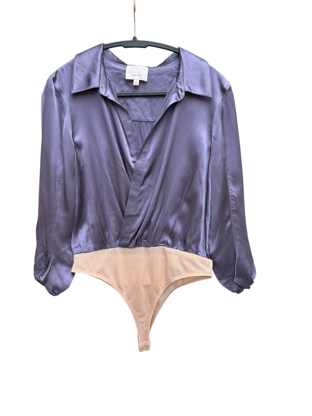 Cinq a Sept Purple Silk Adriel Surplice Bodysuit Thong Size Medium Lavender